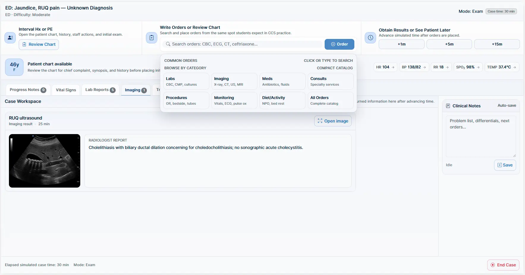 CCS runner with live vitals, timed orders, and outcome-based scoring.