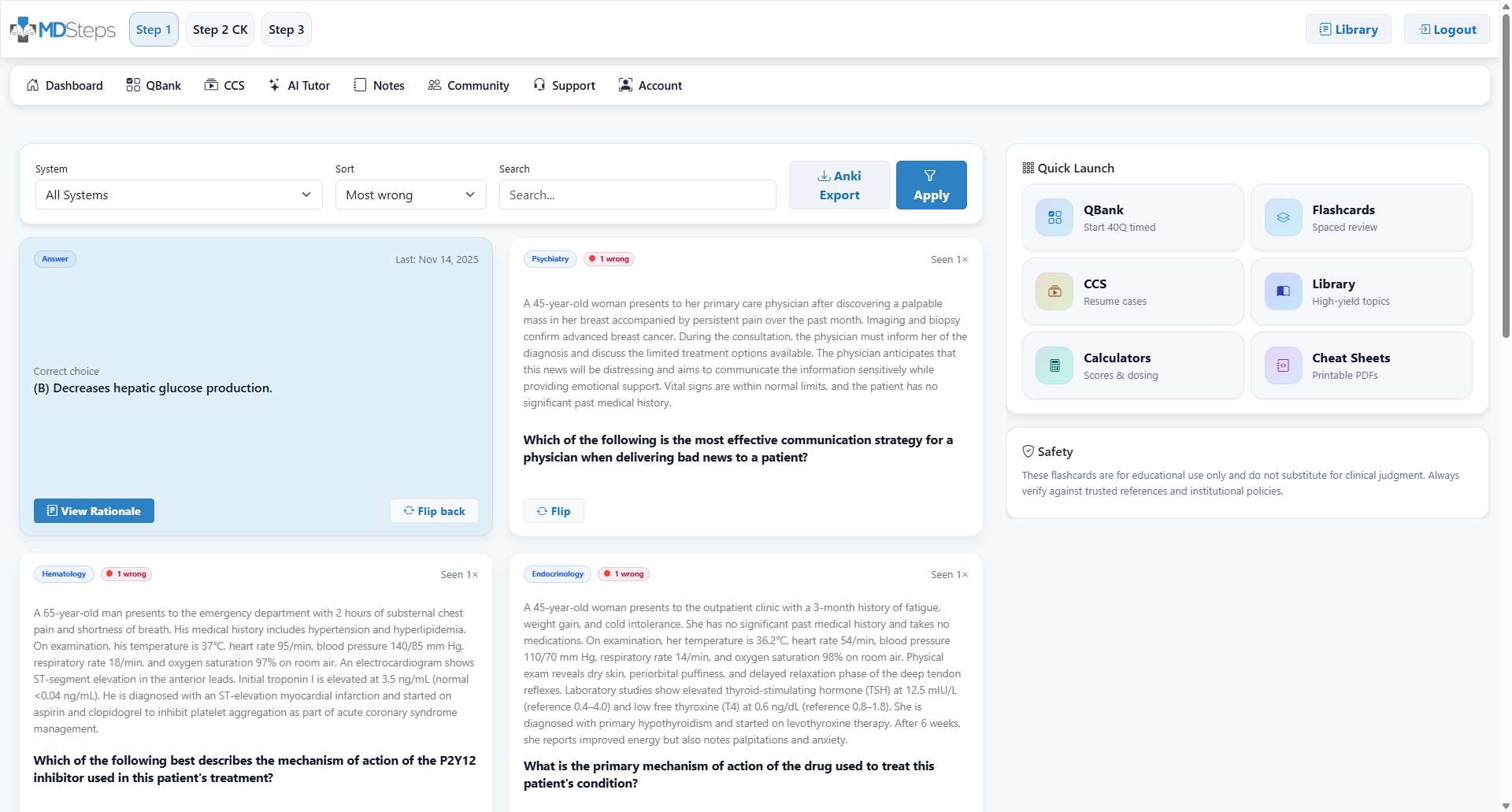 Flashcard decks built from weak areas, easily exported to Anki.