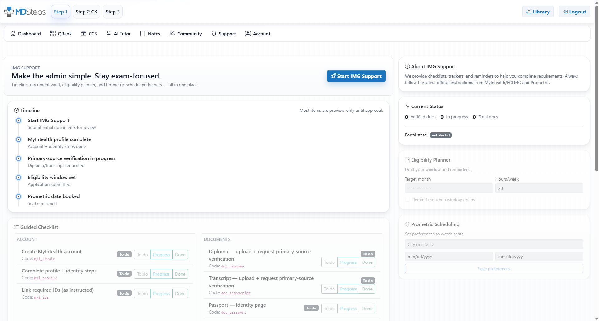 IMG status tracker showing tasks, document states, and upcoming dates