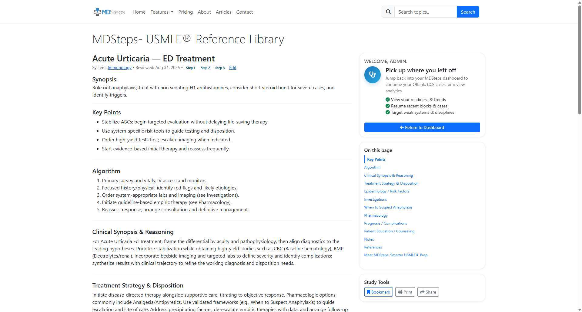 USMLE-focused medical reference library with over 1000 clinically reviewed articles.