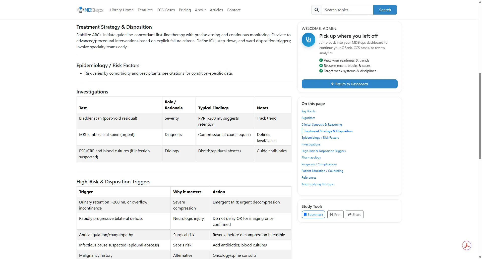 USMLE-focused medical reference library with clinically reviewed articles.