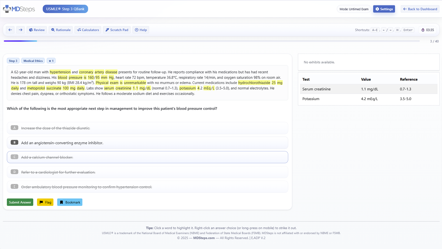 Adaptive USMLE QBank with exhibits, labs and clinical vignettes..